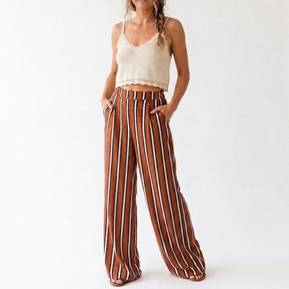 Boho Palazzo Pant Rust Striped Wide Leg High Rise Trouser Laganlook APX SZ M/L